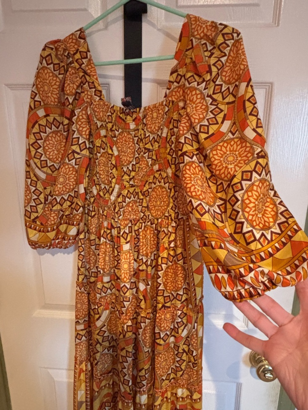 Smocked Orange Patterned Midi Dress with Puff Sleeves